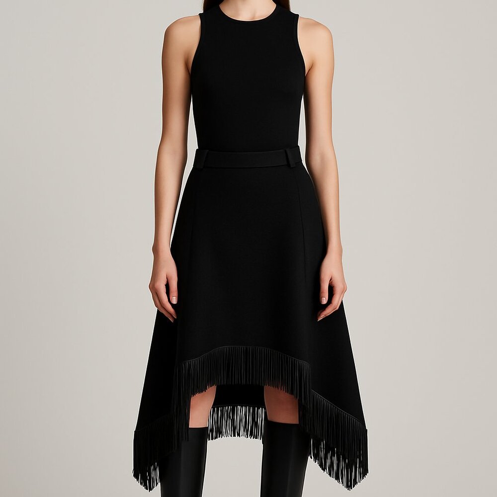 YSL Saint Laurent Black Wool and Cashmere Skirt with Leather Fringe Small